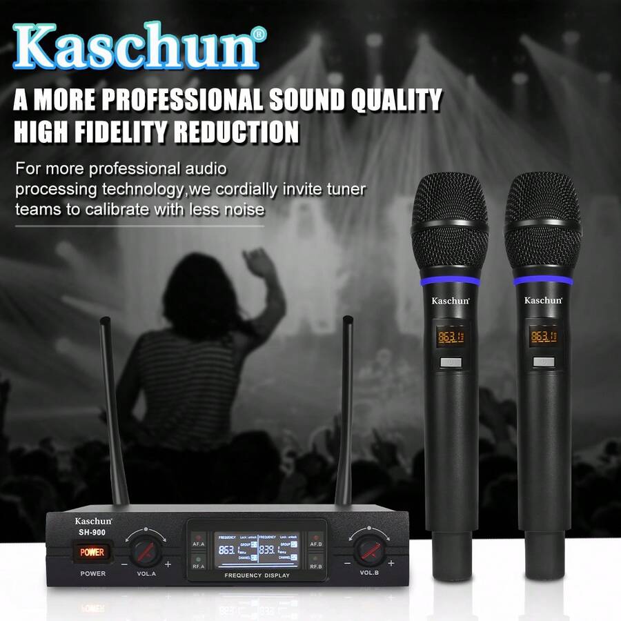 Kaschun Sh-900無線高頻動態麥克風,適用於舞台,派對,卡拉ok,會議和會議等專業品質音頻 - 黑色 - 查看 1