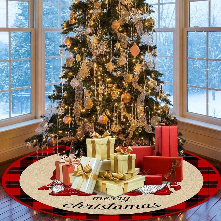 聖誕裝飾用品,一次性聖誕樹裙,創意精美印花,聖誕樹底部裝飾,35.4 英寸*35.4 英寸 - 彩色 - 查看 1