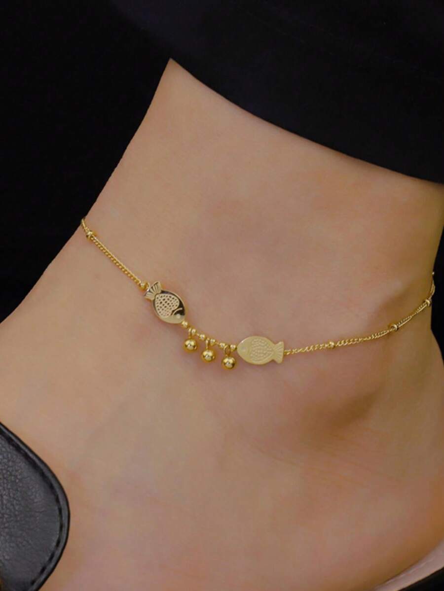 高端双鱼形钛钢脚链，女士时尚个性百搭饰品 - 金色 - 查看 1