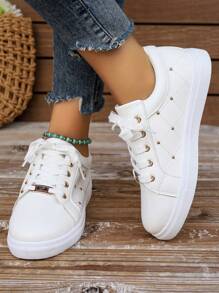 Mùa thu 2023 Hàng mới về Thời trang Âu Mỹ Plus Size Giày đế bệt màu trắng dành cho nữ, Mũi tròn, Giày thể thao thông thường màu trơn đơn giản, Thân trên bằng da bò, Giày học sinh cho bé gái - trắng - Xem 6