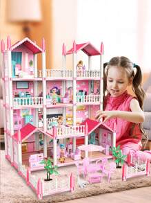 兒童粉色公主城堡娃娃屋,14間房間和家具diy組裝,適合節日/生日/聖誕/新年禮物 - 粉色 - 查看 1