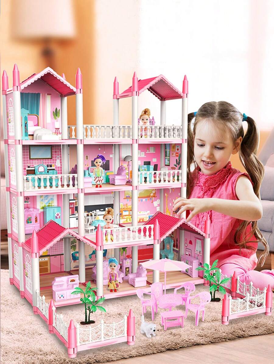 兒童粉色公主城堡娃娃屋,14間房間和家具diy組裝,適合節日/生日/聖誕/新年禮物 - 粉色 - 查看 1