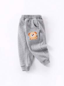 1 pieza Pantalones largos casuales para niños con bordado de animales, forro térmico y puños elásticos, para otoño e invierno - Gris - Ver 3