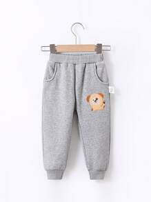1 pieza Pantalones largos casuales para niños con bordado de animales, forro térmico y puños elásticos, para otoño e invierno - Gris - Ver 1