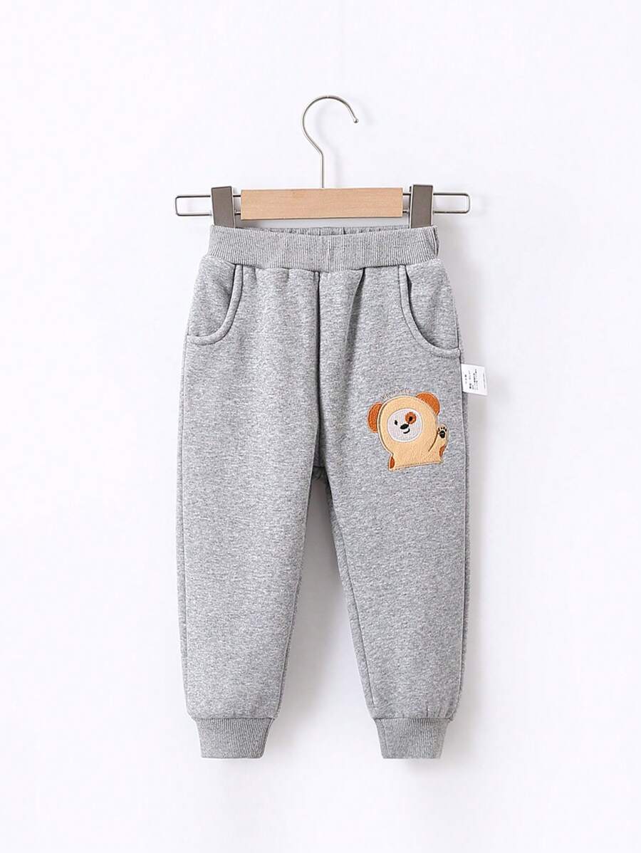 1 pieza Pantalones largos casuales para niños con bordado de animales, forro térmico y puños elásticos, para otoño e invierno - Gris - Ver 1