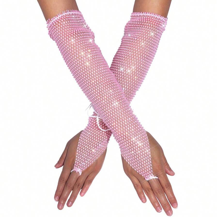 Victray Rhinestone Fingerless Gloves Stretchy Fishnet Gloves Sparkle Long Gloves Party Rave Costume Gloves For Women And Girls - Pink - View 1