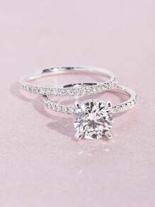 Sparkling Round Cubic Zirconia 2pcs/Set Women's Ring, Minimalist & Fashionable Double Stackable Ring, Wedding/Party Jewelry Royal