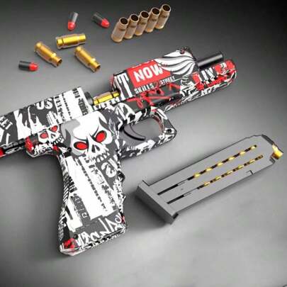 1 set Pistola de balas suaves con patrón de calavera con eyección manual de casquillo y 10 balas suaves y 8 casquillos, para juegos de tiro al aire libre y vacaciones de los adolescentes, como la Navidad, etc.