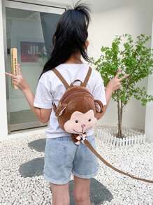 Infant Toddler Anti-lost Cartoon Backpack With Plush Toy, Monkey Pattern, Anti-slip Buckle And Anti-lost Rope