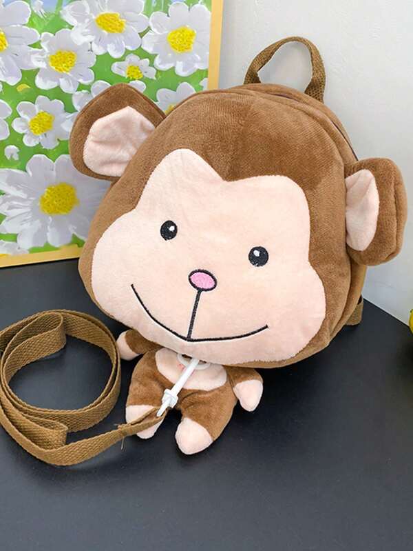 Infant Toddler Anti-lost Cartoon Backpack With Plush Toy, Monkey Pattern, Anti-slip Buckle And Anti-lost Rope