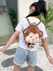 Infant Toddler Anti-lost Cartoon Backpack With Plush Toy, Monkey Pattern, Anti-slip Buckle And Anti-lost Rope