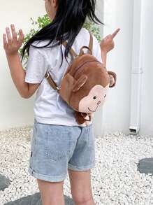 Infant Toddler Anti-lost Cartoon Backpack With Plush Toy, Monkey Pattern, Anti-slip Buckle And Anti-lost Rope