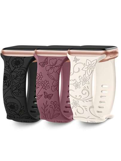 3 Packs Floral Engraved Band Compatible With Apple Watch Bands For Women 40mm 41mm 38mm 42mm 44mm 45mm 49mm,(S10 42mm) (S10 46mm),Silicone Cute Wildflowers Sport Strap For Compatible With IWatch Bands S10 Series 9 Ultra SE 8 6 5 4 3 2 1