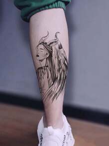 防水臨時紋身貼紙,帶翅膀女巫逼真形象,適合男士、女士和女孩 - 黑色 - 查看 1