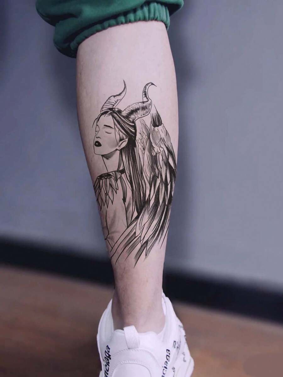 防水臨時紋身貼紙,帶翅膀女巫逼真形象,適合男士、女士和女孩 - 黑色 - 查看 1