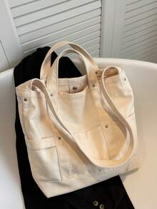 單色大容量帆布肩袋,斜跨肩背袋,可摺疊便攜 - 米色 - 查看 6