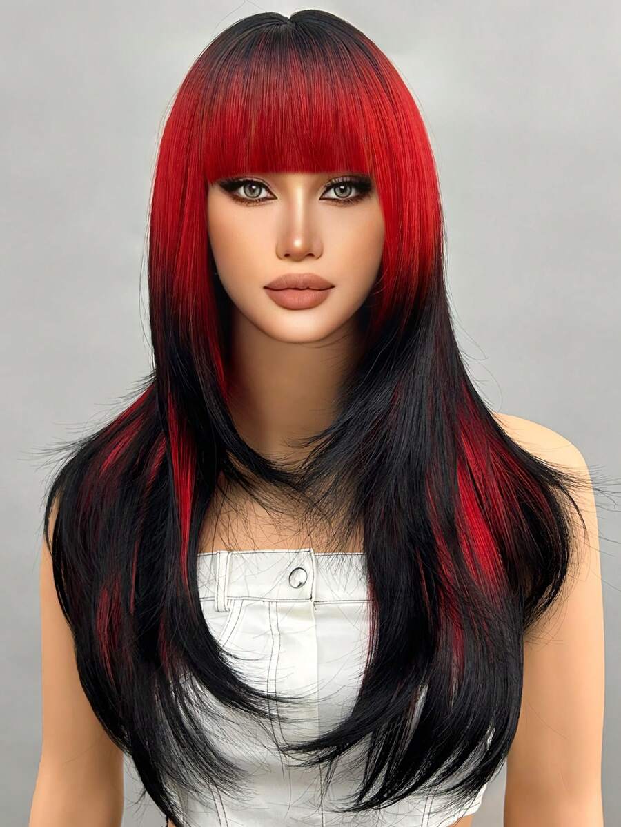 Women's Wig Length 26 Inches Red Black Air Bangs Long Straight Hair Natural Soft Beautiful Charming Synthetic Wig Suitable For Daily Party Halloween Use - Multicolor - View 1