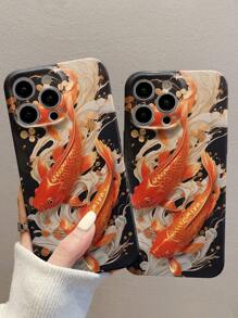 1入組金魚圖案全包覆貼膜手機殼適用於蘋果 iPhone 15 系列 - 白色 - 查看 2