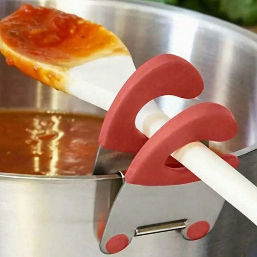 1pc Stainless Steel And Plastic Pot Edge Clip, Kitchen Utensil Support Bracket, Rubber Pads Kitchen Tool Clamp (8cm*5cm*4.5cm) - Red - View 1