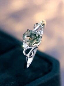 优雅纯银椭圆形四爪不对称水生玛瑙戒指，适合女性订婚结婚礼物 - 銀色 - 查看 4