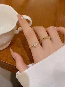 2入組獨特而豪華的金色方形鋯石開口戒指組 - 金黃色 - 查看 4