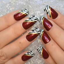 Uñas postizas de prensado de 24 piezas en tonos vino rojo, blanco y estampado de leopardo con gelatina adhesiva y un kit de herramientas para suministros de uñas. - Blanco - Ver 1