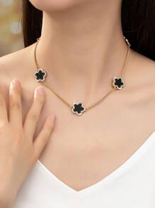 1個四葉草形鑲鑽鏈條時尚奢華吊墜項鍊 - 黑色 - 查看 1