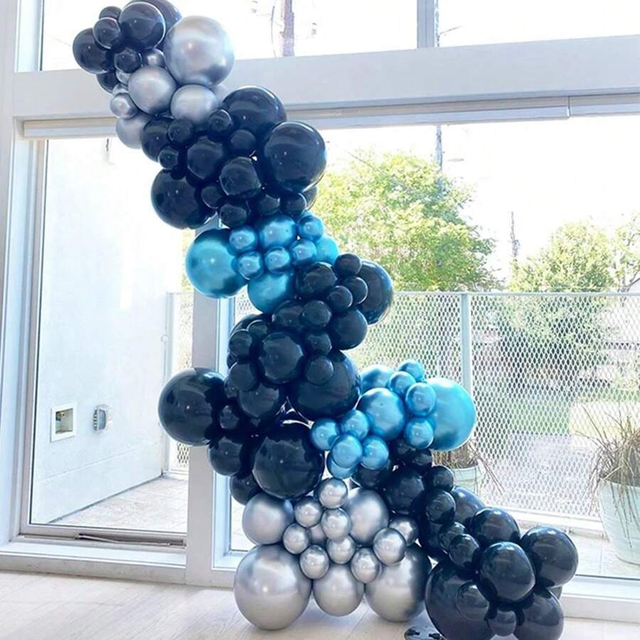 115 件藍鉻乳膠氣球拱門套件,帶有黑色氣球花環,非常適合生日、婚禮、迎嬰派對、派對裝飾