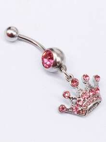 1個皇冠與粉色鑽石肚臍環,不銹鋼身體穿刺飾品 - 銀色 - 查看 5