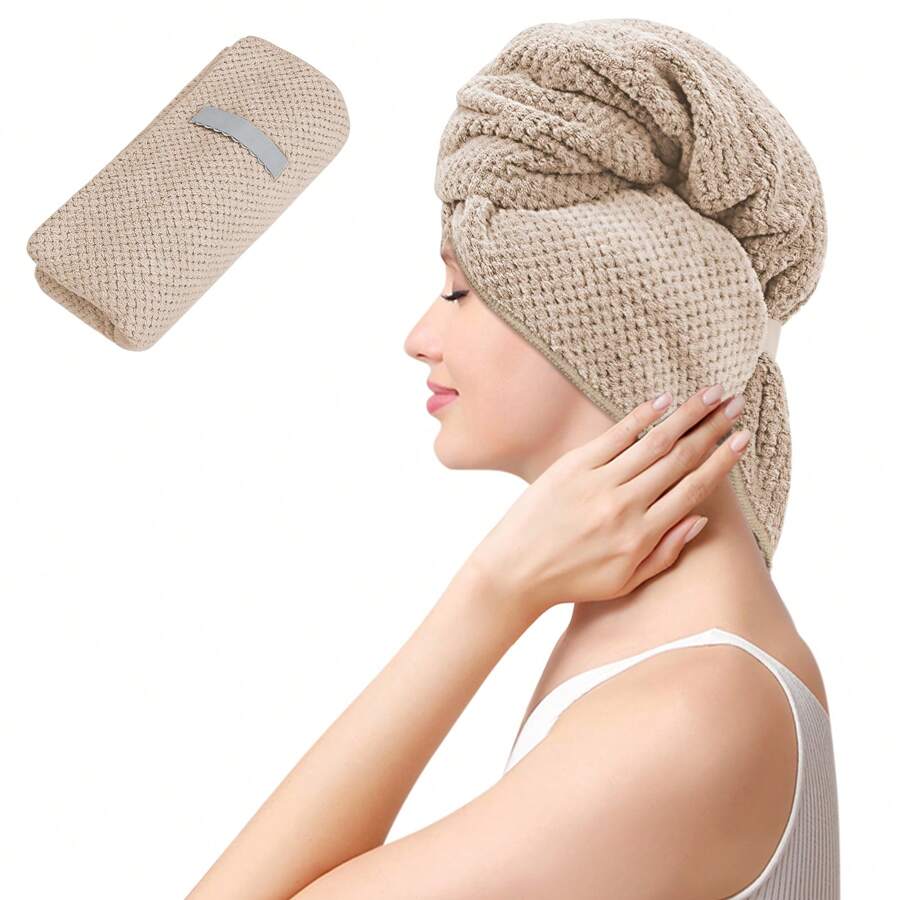 1個卡其色超大尺寸40x30英寸吸水毛巾,超強吸水速乾功效,適用於厚髮女性,提供超厚寬大的長髮包裹毛巾帽和淋浴帽來吹乾頭髮