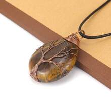 復古天然寶石水晶虎眼黑鍊項鍊,生命之樹療癒石頭嬉皮脈輪寶石項鍊,男女珠寶項鍊禮物-黃色 - 黃色 - 查看 6