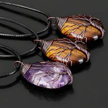 復古天然寶石水晶虎眼黑鍊項鍊,生命之樹療癒石頭嬉皮脈輪寶石項鍊,男女珠寶項鍊禮物-黃色 - 黃色 - 查看 2