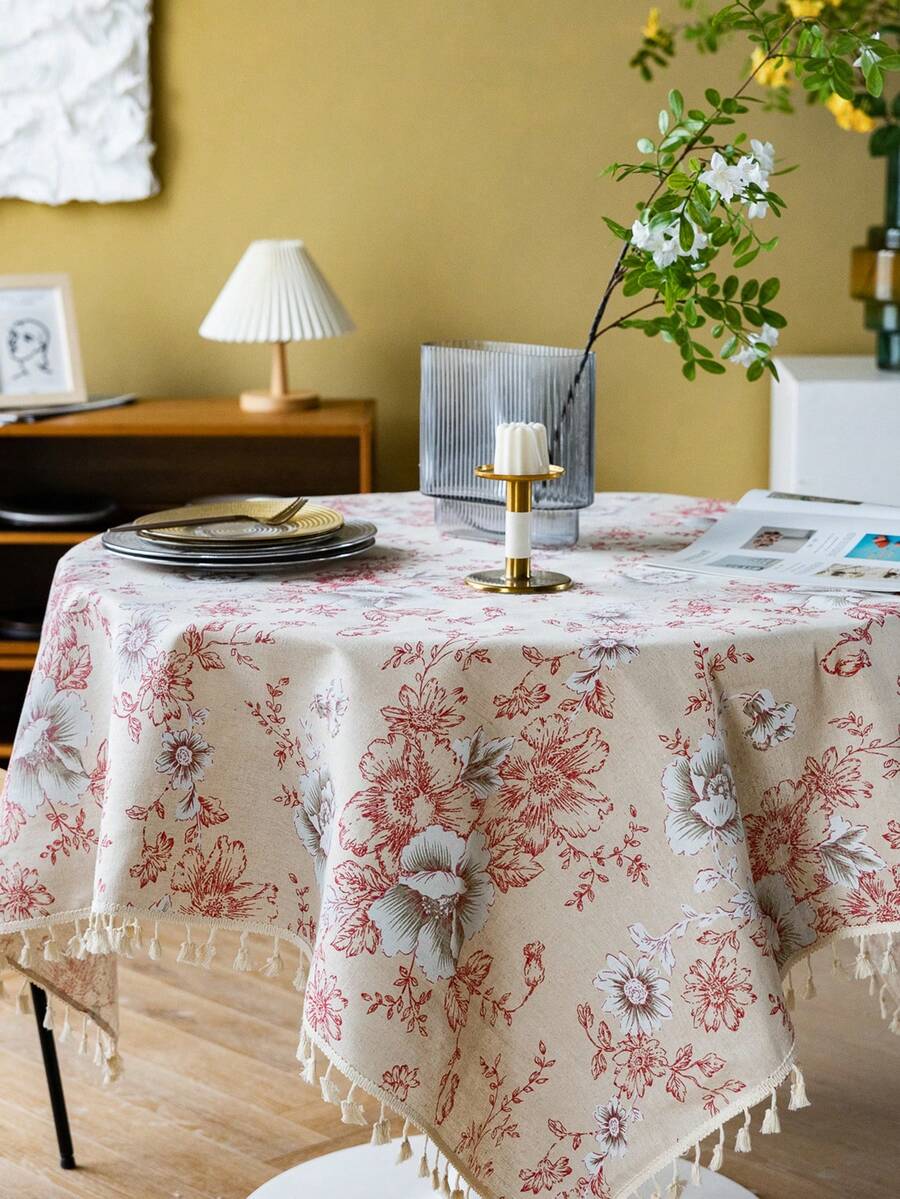 1 chiếc khăn trải bàn màu đỏ cổ điển in hình hoa mẫu đơn tươi mới và đơn giản - Đỏ - Xem 1