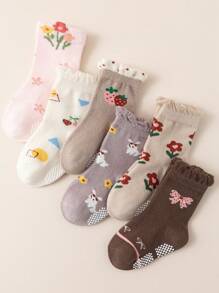 6pairs Sweet Style Anti-Slip Baby Socks For Toddler Girls, Soft & Seamless Children Home Socks