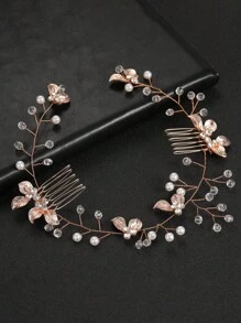 花童婚禮發帶,嬰兒女孩花朵珍珠髮飾,生日派對金色頭飾,攝影 - 玫瑰金 - 查看 3