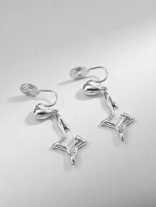 1對獨特且簡約的銅鍍嵌鑲吊墜耳環/夾式耳環,適用於女性日常佩戴 - 銀色-耳夾 - 查看 8