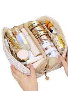 格子旅行化妆包，1个大容量时尚洗漱包，带提手，多功能化妆品收纳包，便携式化妆刷收纳手拿包，拉链封口，可收纳口红、化妆刷、手机、零钱等，适合居家、旅行和上学使用。化妆收纳包，圣诞礼物，旅行必备，女士旅行必备，手拿包/小手提包，化妆品收纳包，化妆刷收纳包，迷你收纳包，大容量收纳包，女士礼物，圣诞礼物，女士礼物创意 - 白色 - 查看 4