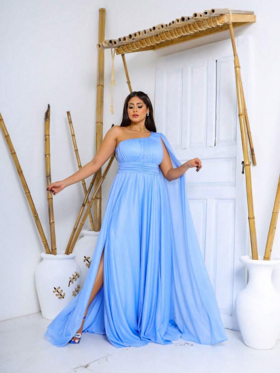 Vestido longo com um ombro com brilho azul  serenite - Azul bebê - Visão 1