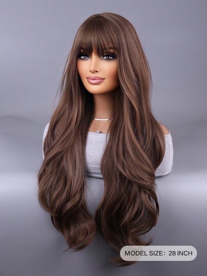 Long brown wig with bangs 28 "Ombre Brown Blend Blonde accent wig for women long curly wavy synthetic wig for everyday party use