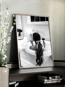 1PC Alcohol Wall Art Poster, Woman Drinking And Reading In Bathtub, Black And White Bar Cart Decor, Girls Bathroom Decor, Canvas Print, Canvas Wall Art,Posters For Room,Home Decor,Room Decor Aesthetic,Room Decoration Stuff.Optional Frame, Room Decor - Multicolor - View 5