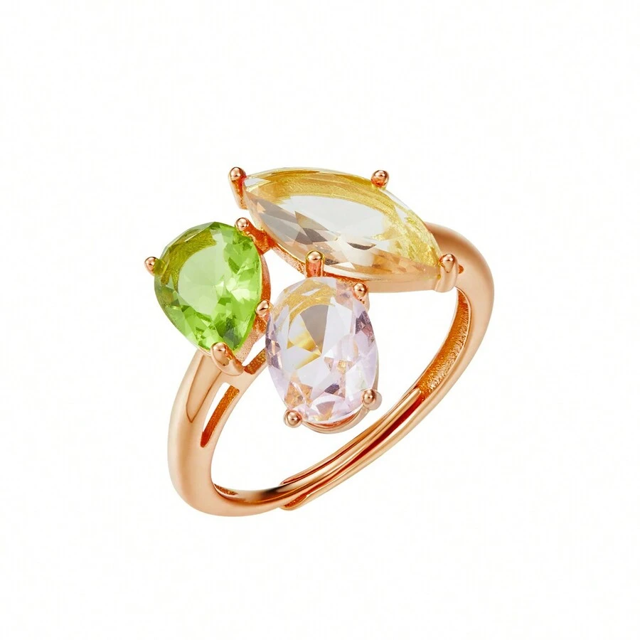 1pc Colorful Gemstone Teardrop Three Stones Cubic Zirconia Open Ring, Daily Wear - Rose Gold - View 1