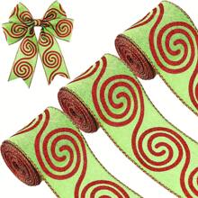 1Rolls 5 Yard Christmas Holiday Burlap Ribbon Glitter Burlap Ribbon With Wired Edge Red Green Glitter Dot Glitter Stripe Wired Ribbon Decorative Christmas Ribbon For DIY Craft (Stripe Pattern) - Multicolor - View 1