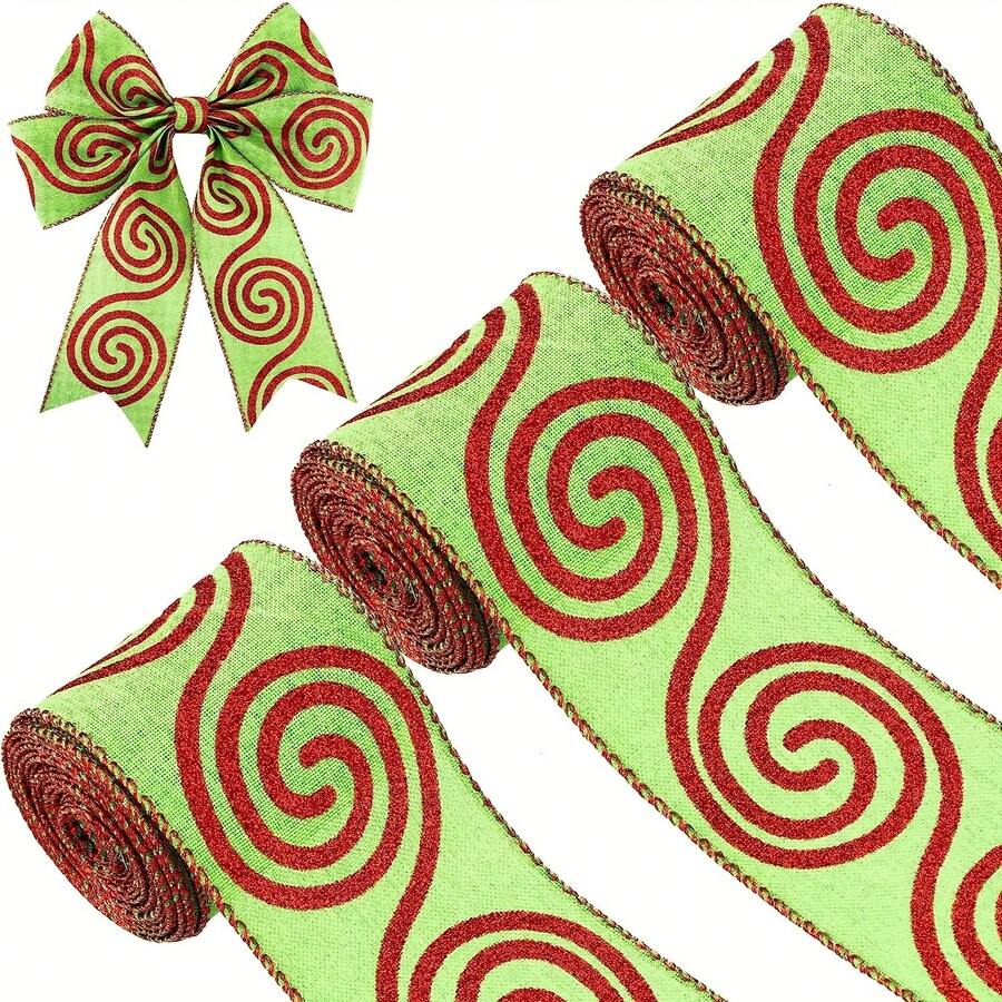 1Rolls 5 Yard Christmas Holiday Burlap Ribbon Glitter Burlap Ribbon With Wired Edge Red Green Glitter Dot Glitter Stripe Wired Ribbon Decorative Christmas Ribbon For DIY Craft (Stripe Pattern) - Multicolor - View 1