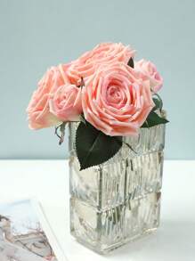 1支仿真觸感保濕玫瑰花束,1束3朵大花和3朵小花,家庭裝飾仿真花卉,攝影道具手拿花朵 - 粉色 - 查看 3