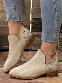 女式透氣粗跟短靴,時尚戶外、休閒、復古英式踝靴 - 米色 - 查看 1