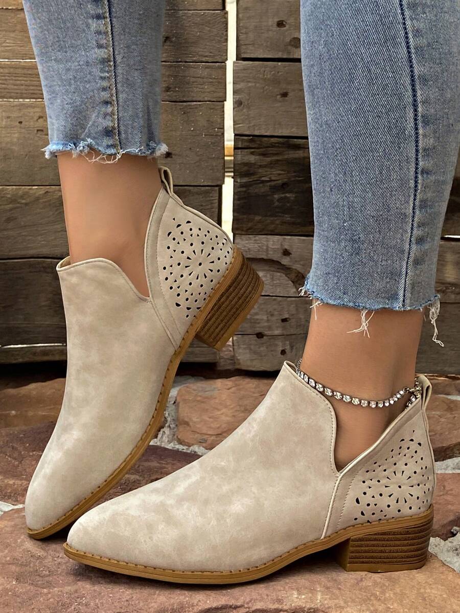 女式透氣粗跟短靴,時尚戶外、休閒、復古英式踝靴 - 米色 - 查看 1