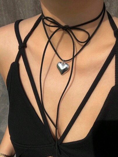 1 pezzo Collana choker regolabile in cordoncino nero con pendente a forma di cuore brillante - Gioielli per donna