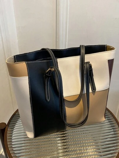 Women's Fashion Versatile Color Block Tote Bag, Lightweight Minimalist, Soft Material Large Capacity Shoulder Bag