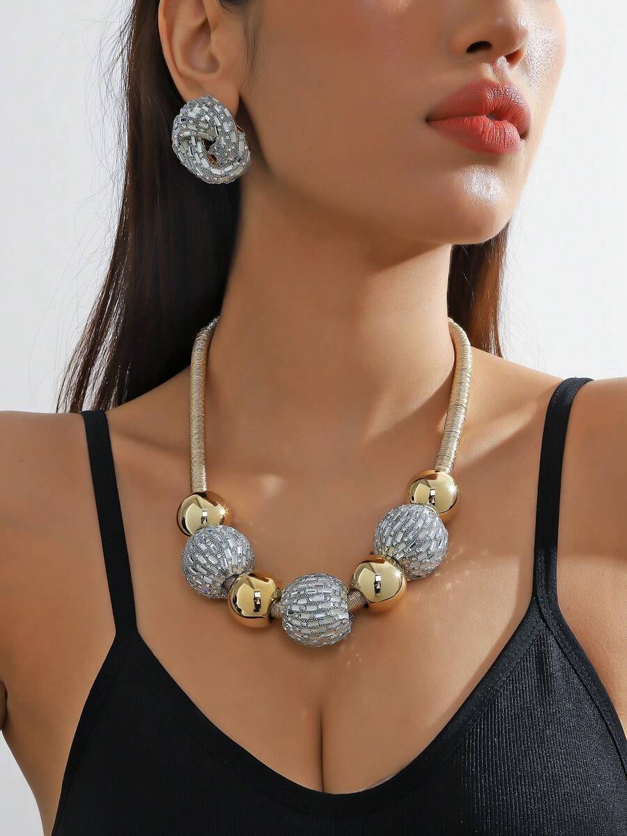 3pcs/set Unique Exaggerated Beaded & Rhinestone Decor Necklace & Earrings Set For Women, Suitable For Daily Wear And Festivals - Multicolor - View 1