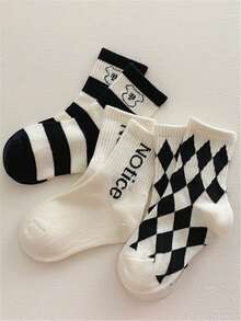 3雙/組男孩舒適透氣黑色愛心和鑽石圖案中筒襪,全季節適用